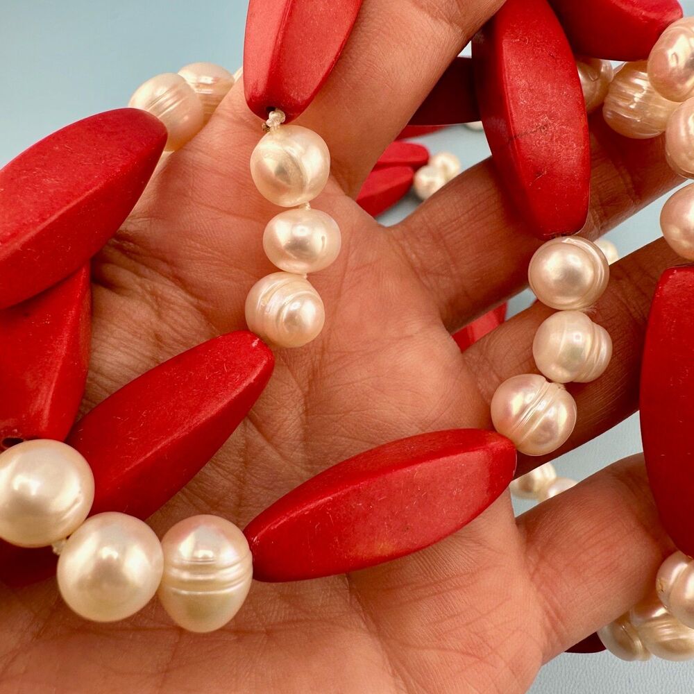 Vintage Red Stone Genuine Pearl Necklace Flapper 64" Knotted Statement Heavy - Picture 10 of 15